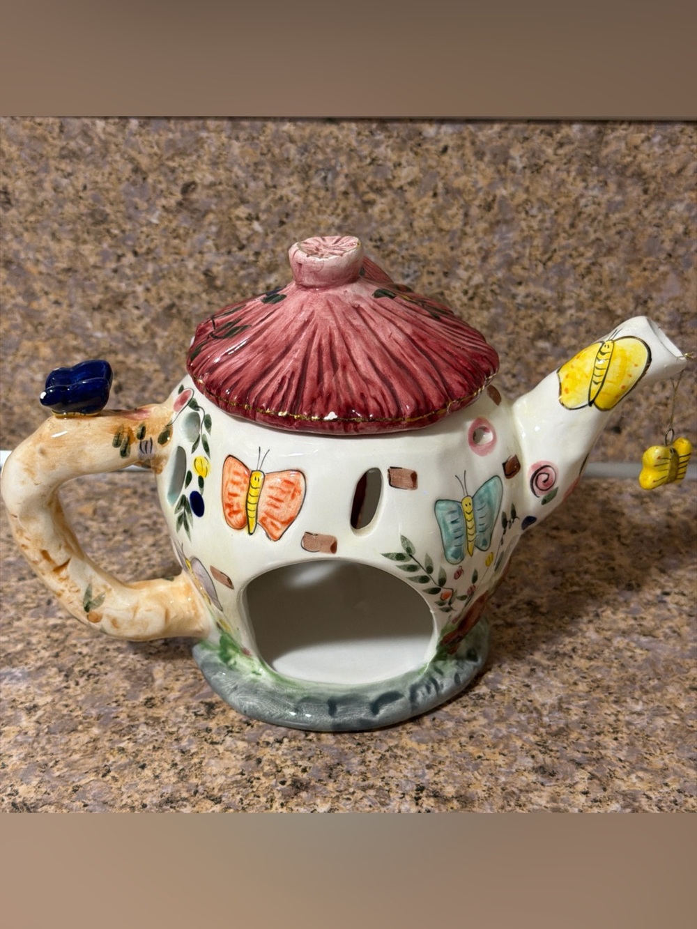 Teapot Cottage Luminary Tealight Candle Holder With Hanging Butterfly
